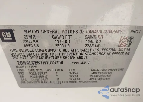 2017 Chevrolet Equinox Lt из США, поврежденный, VIN 2GNALCEK1H1613758